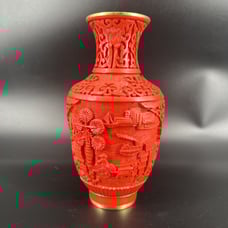 Vintage Hand Carved Red Cinnabar Vase Figures Amongst Landscape Design 6.5”