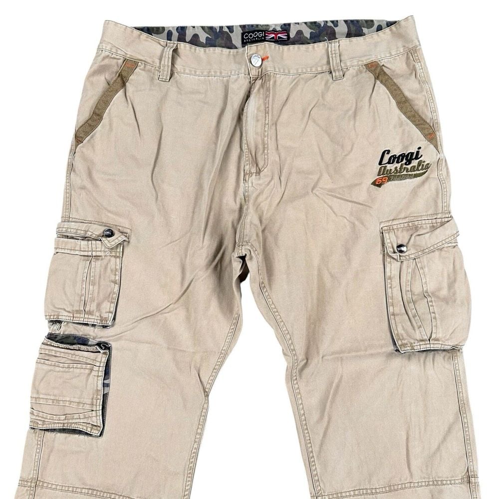 Coogi Men's Size 46x32 Beige Cargo Pants Straight Relaxed Embroidered Pockets