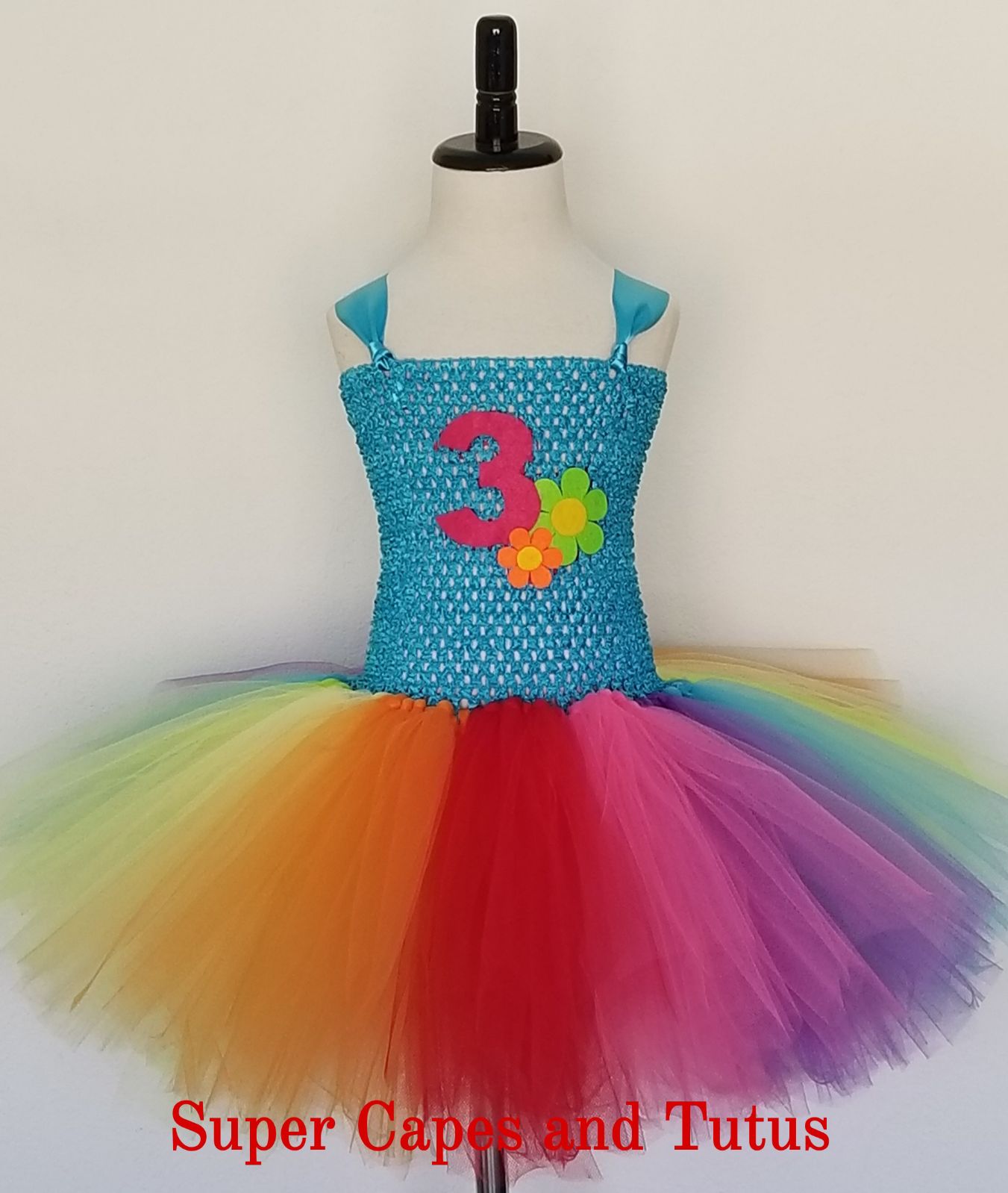 Rainbow W/ Flower And Number Tutu Dress