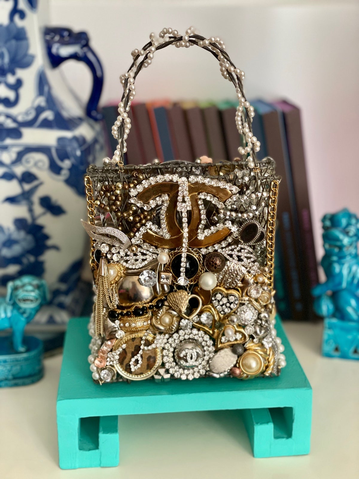 Vintage Large Rhinestone Jewelry Wire Bag Basket