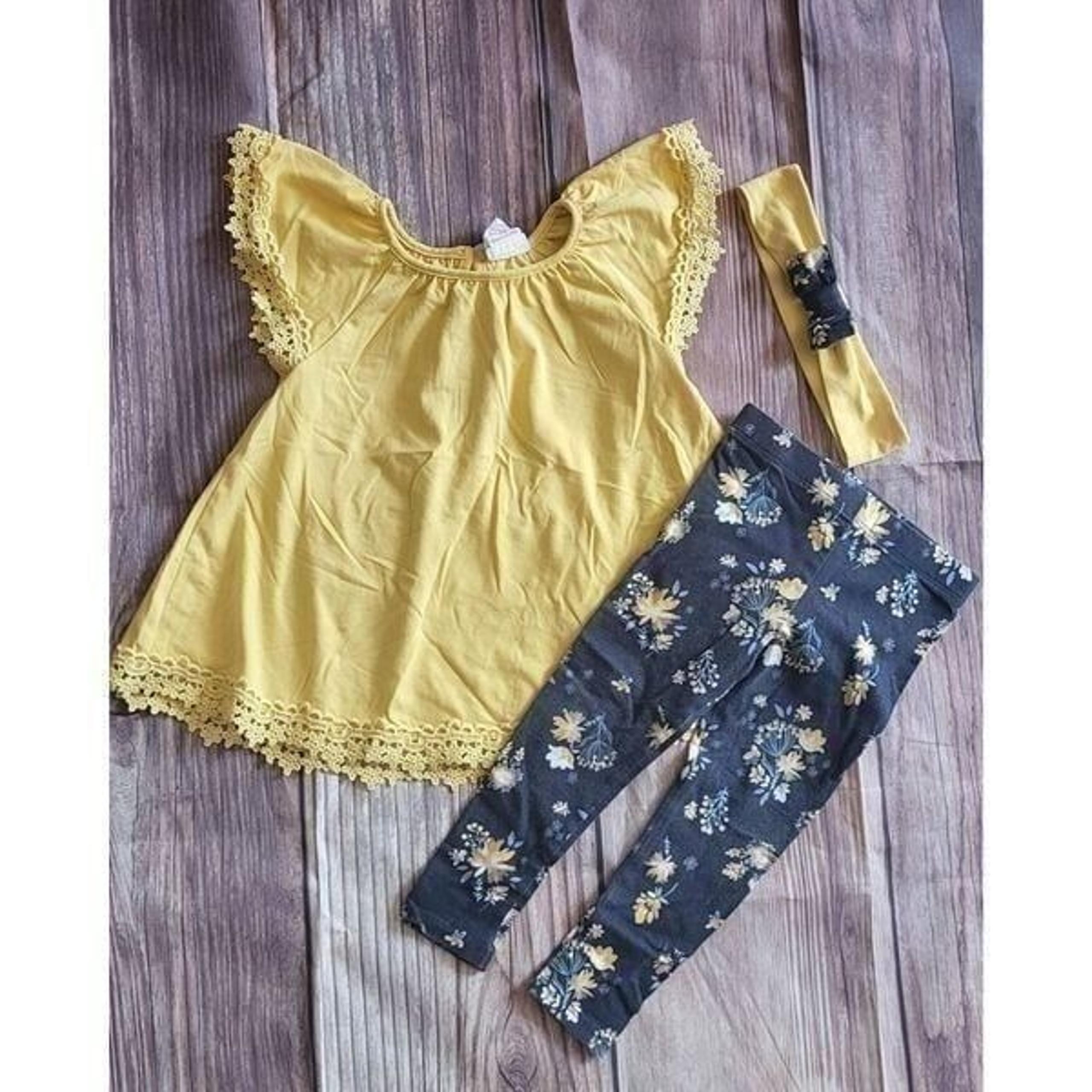 Shabby Chic yellow embroidered top with matching navy blue floral leggings