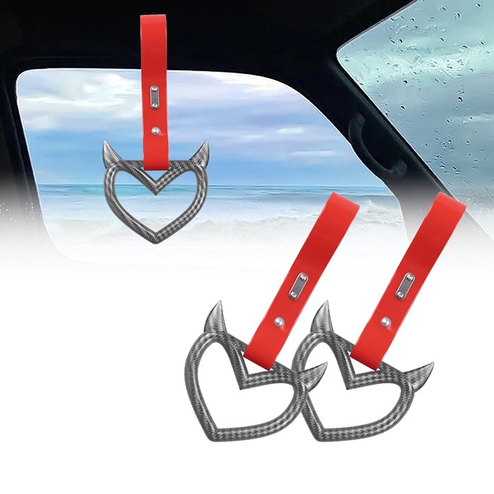 New 2PCS Devil Heart Carbon Fiber JDM TSURIKAWA White Handle Strap Charm Drift