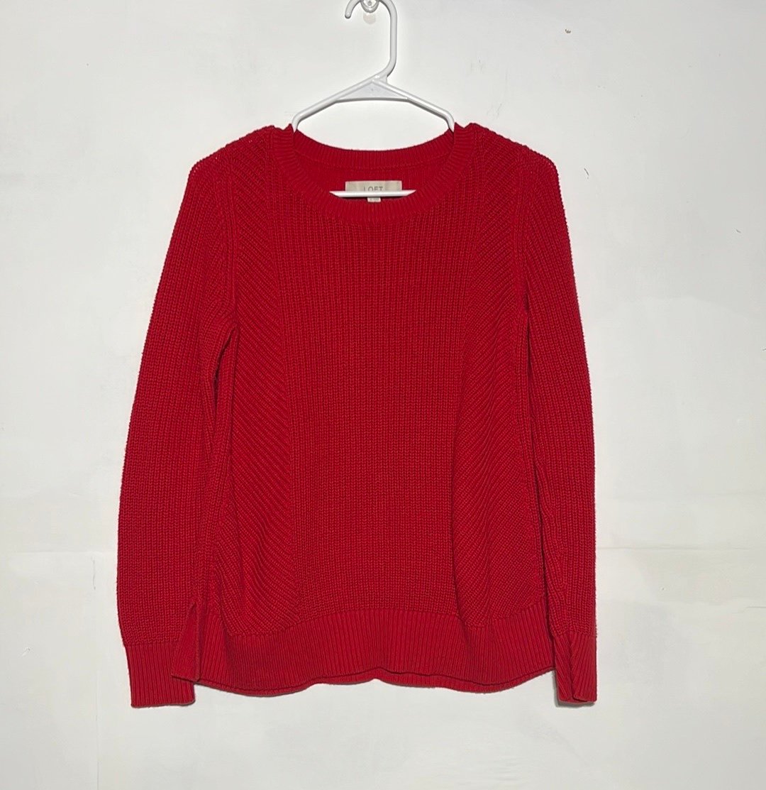 LOFT Red Chunky Knit Ribbed Detail Crewneck Sweater Size S