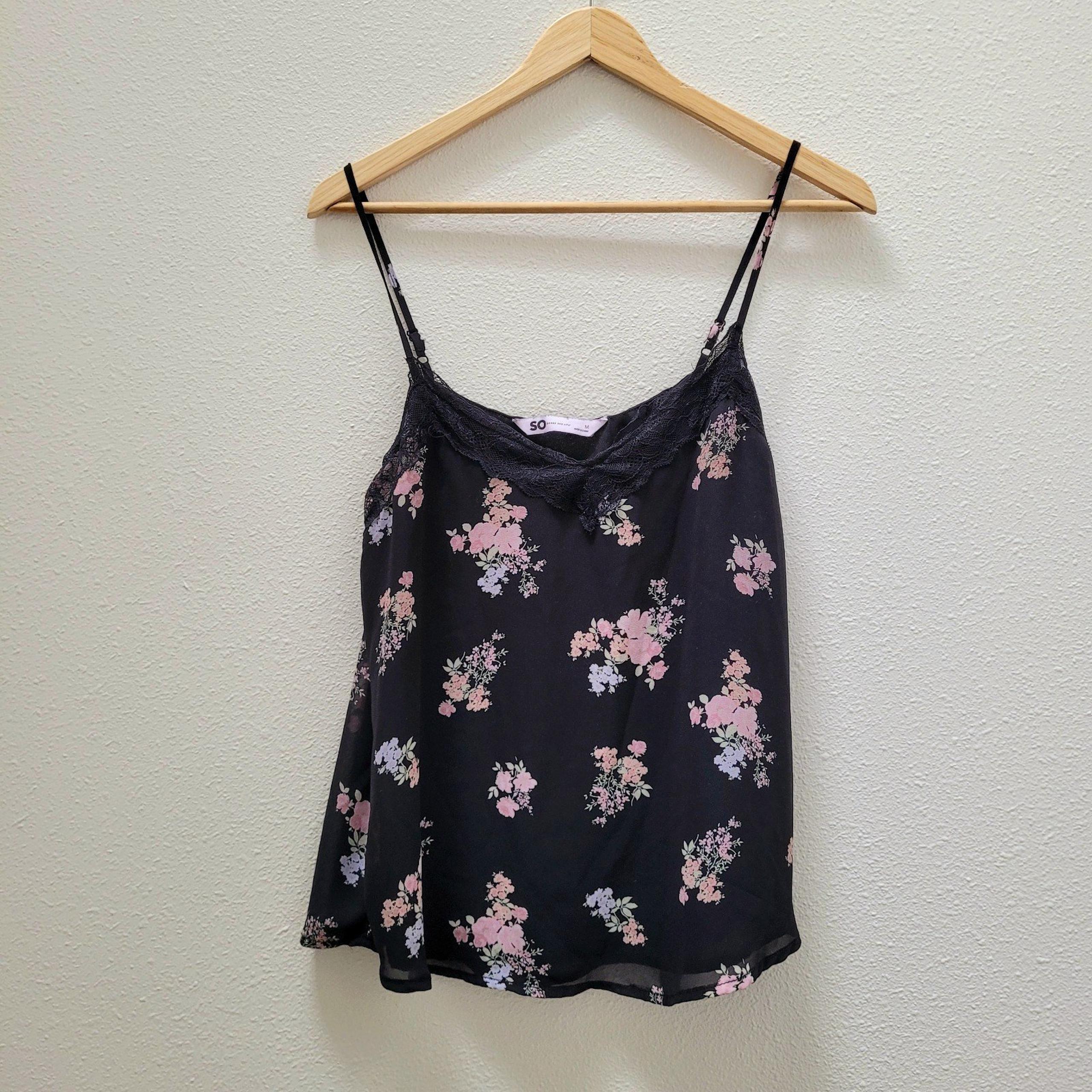 So juniors girls women's medium black flowy sheer floral tank top ditsy pink