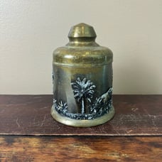Vintage Solid Brass Tobacco Humidor Canister with lid Wild Big Game Rhino Lion