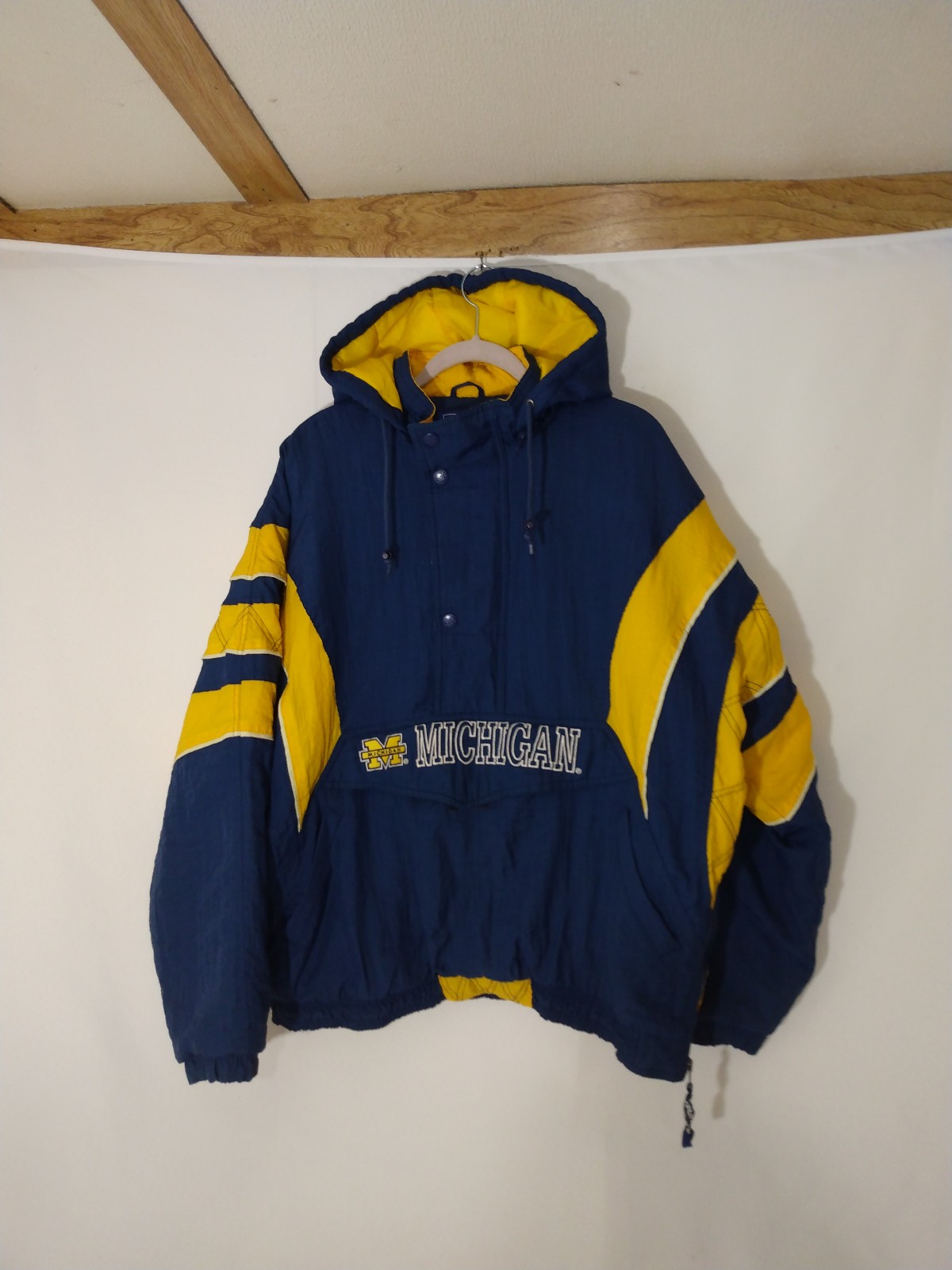 Mens Vintage Starter Michigan Insulated Hooded Puffer Pullover Jacket Sz XL