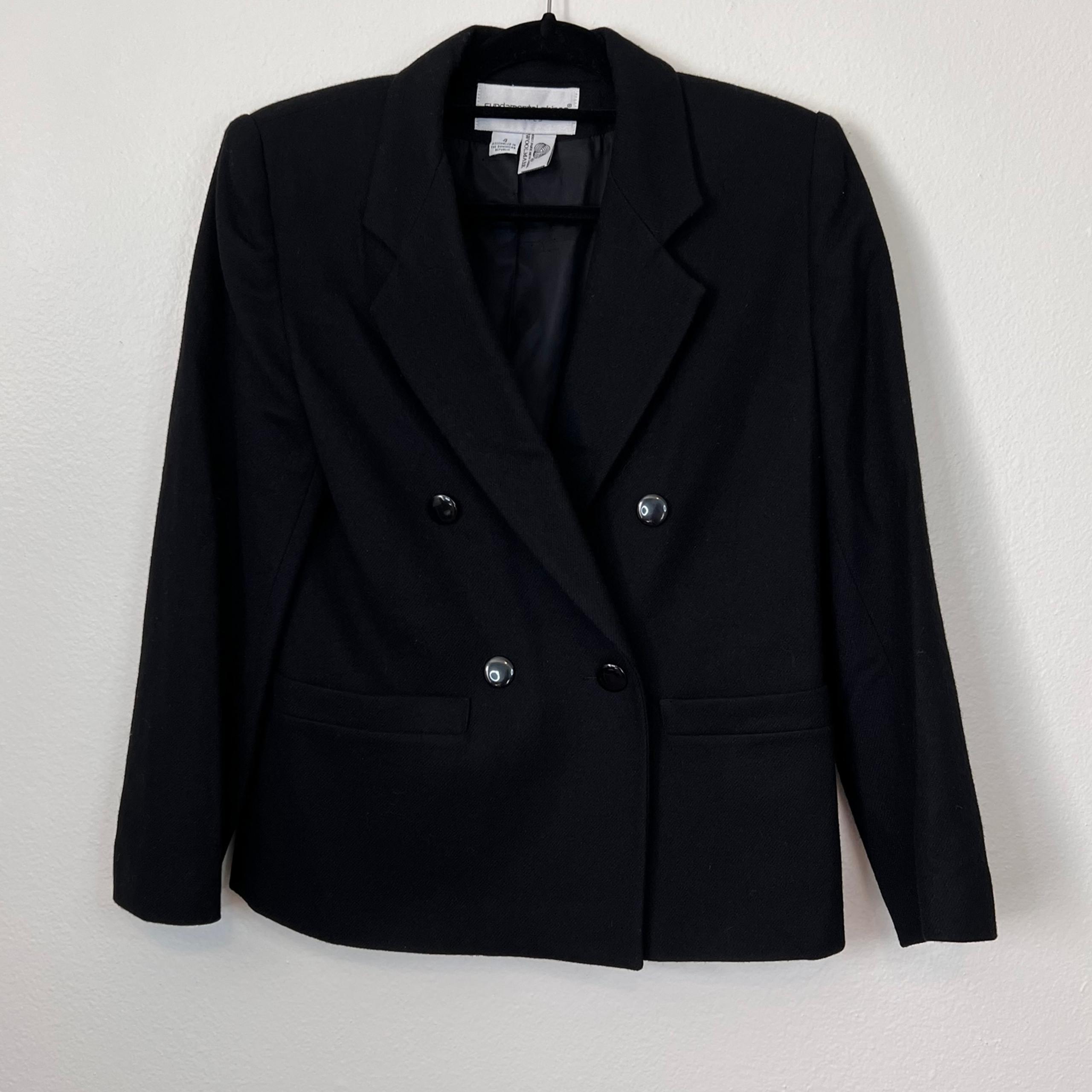 Fundamental Things Blazer Black Petite Size 4P Double Breasted 100% Wool Career