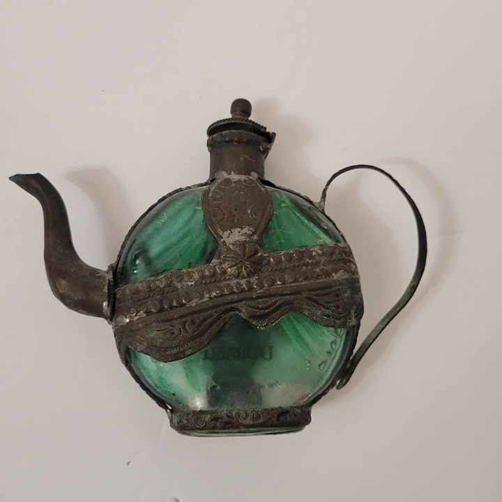 Vintage Emerald Green Glass Decanter Bottle with Ornate Aluminum Holder Teapot