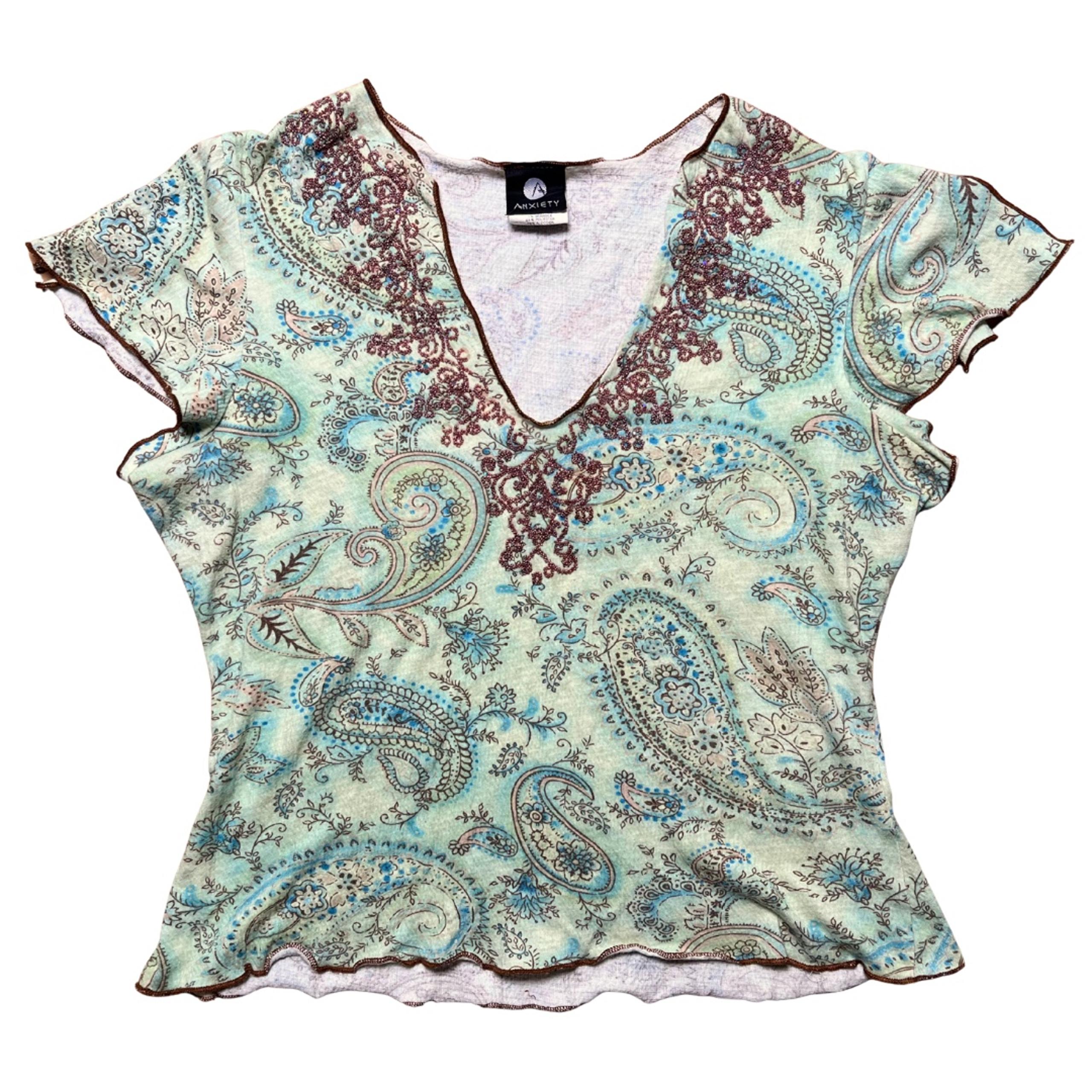 Anxiety Y2K Vintage Baby Tee XL Boho Turquoise Beaded Lettuce Fairy Paisley Top