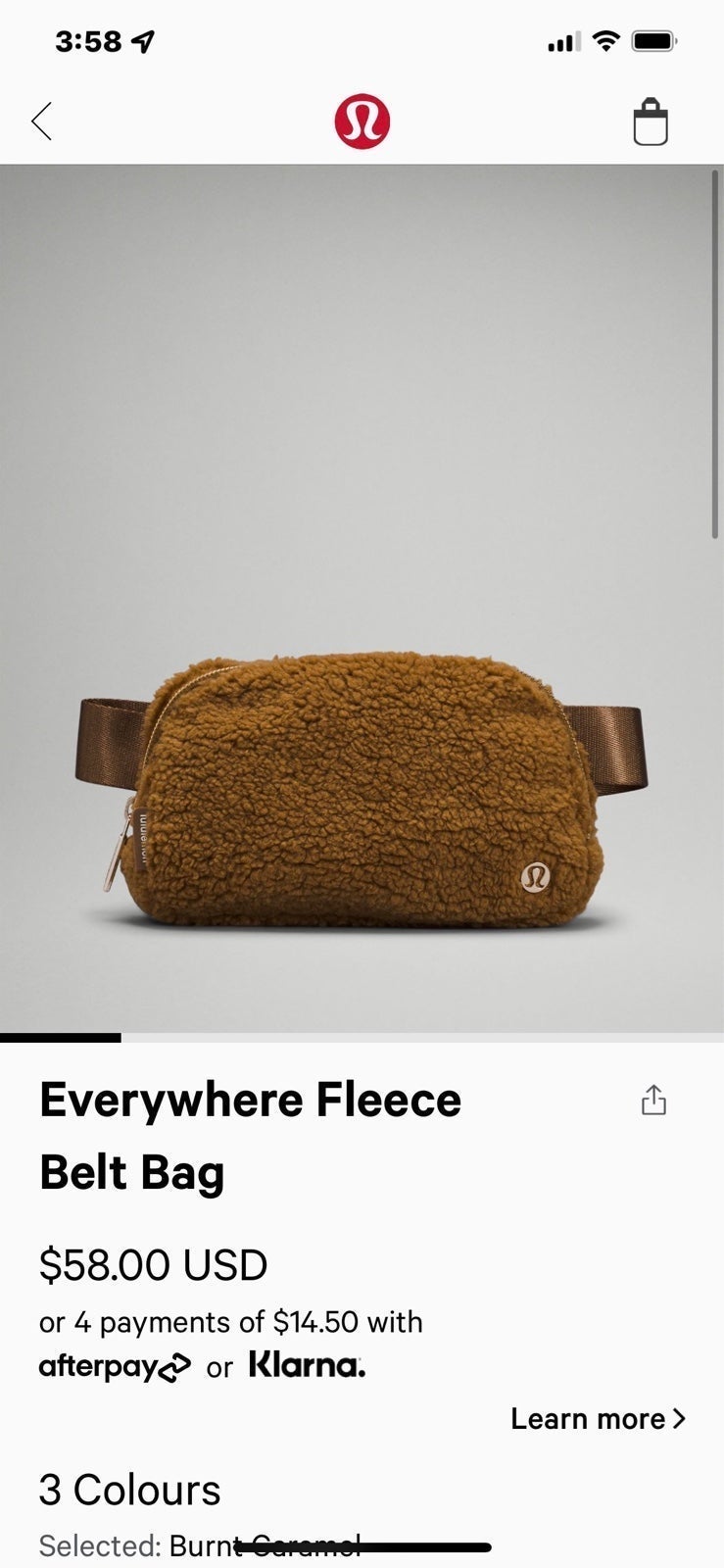 Lululemon everywhere belt bag in Sherpa ~ burnt caramel, white and black