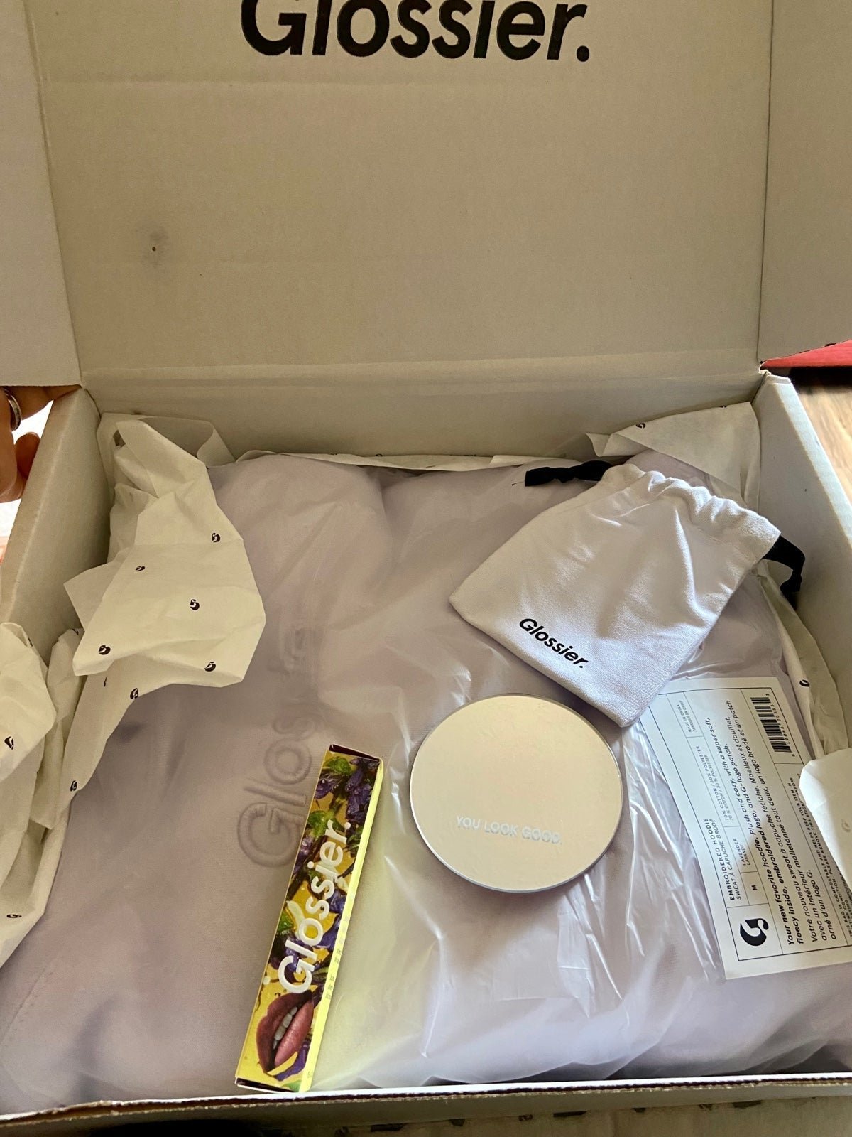 Glossier Lavender Hoodie size Medium Limited Edition bundle