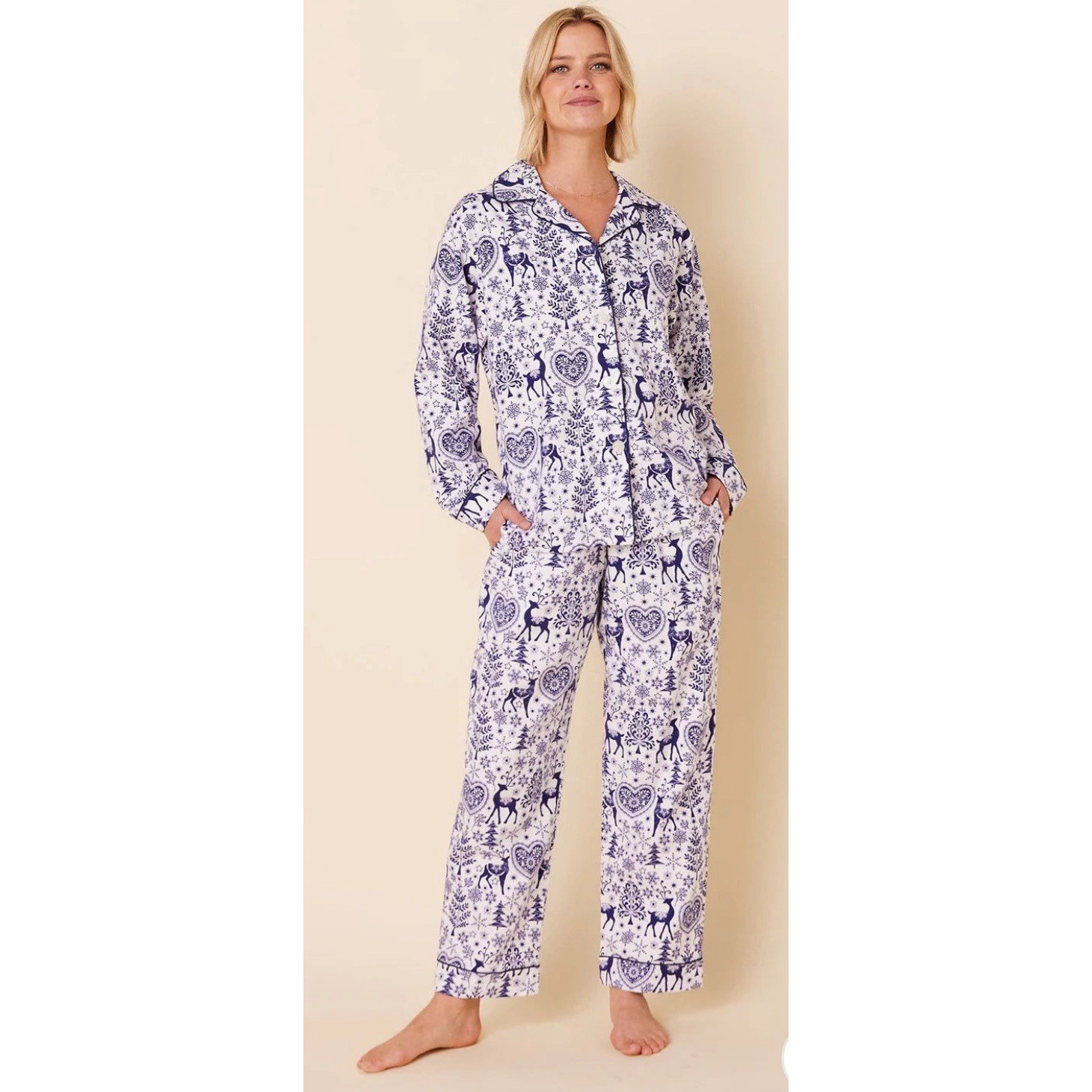THE CAT'S PAJAMAS HOLLY JOLLY FLANNEL PAJAMA Blue Medium. Winter Christmas Warm
