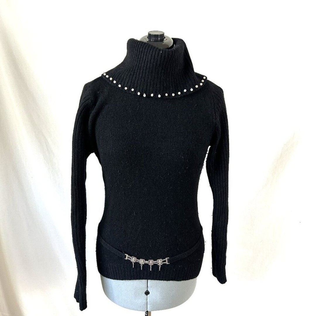 R. Leezio Women's Sweater Beaded and Chain Accents Angora Blend L Black