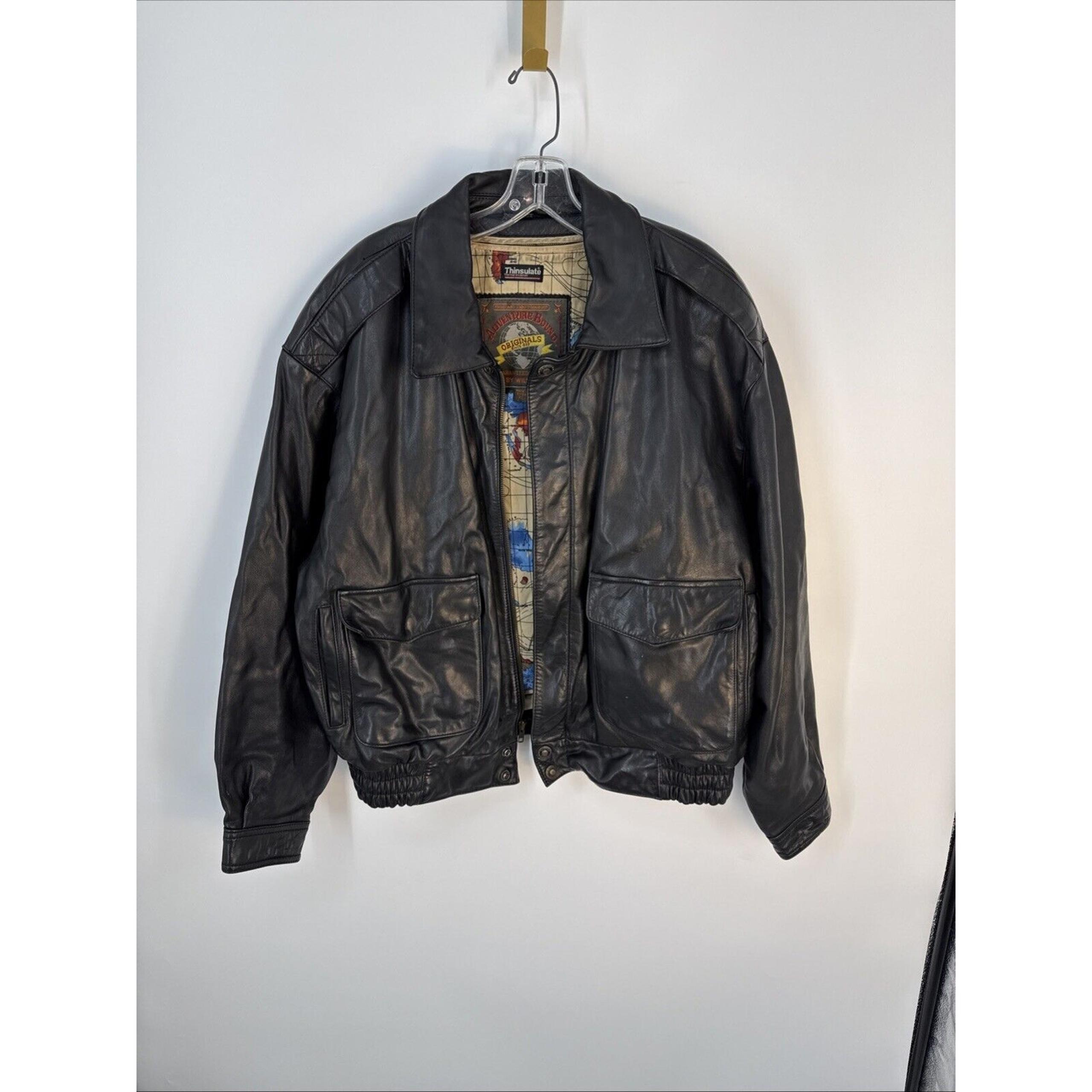 Wilsons Adventure Bound Black Leather Bomber Jacket with Zip Map Liner Sz XL