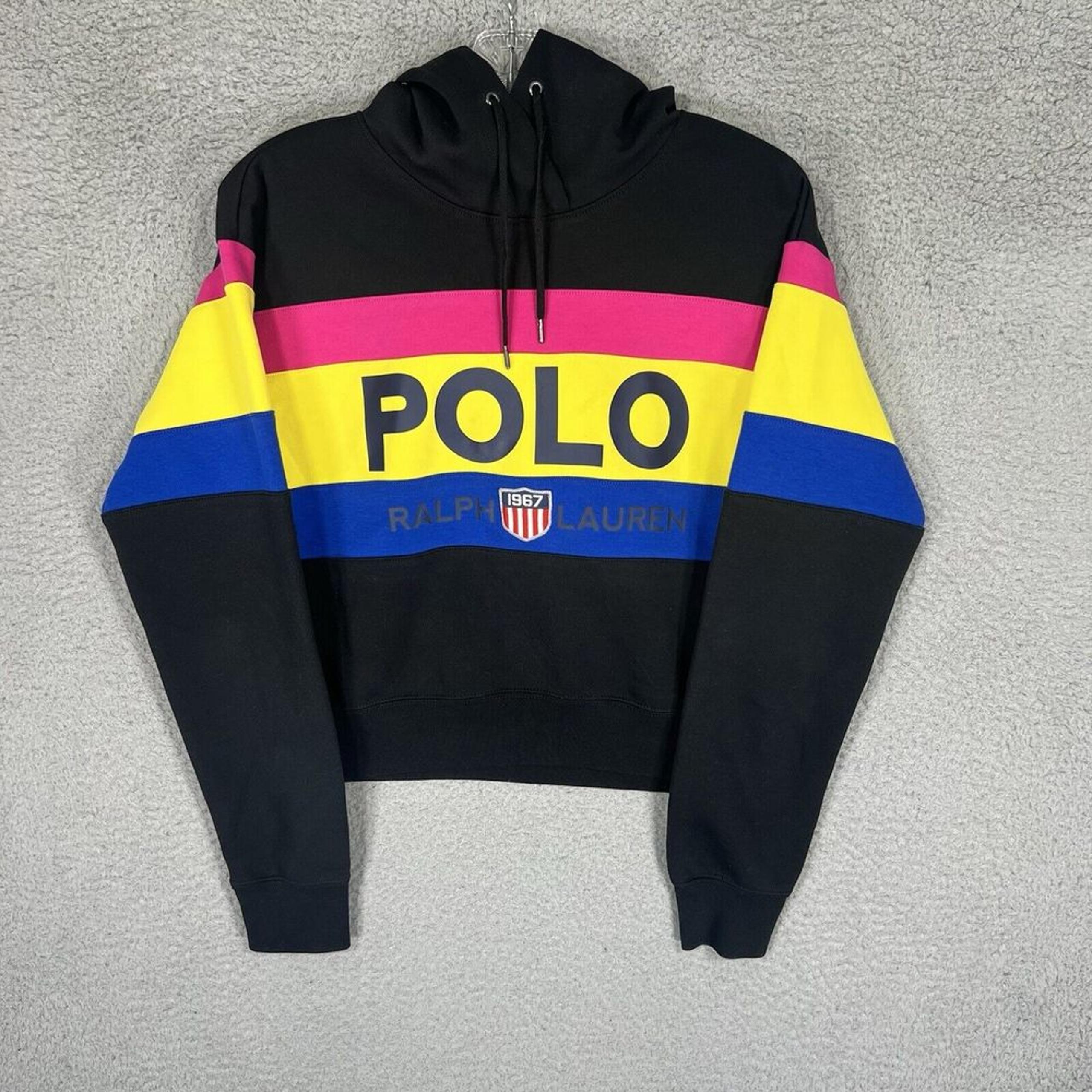 Polo Ralph Lauren Hoodie Womens Small Black Multi Striped Spellout Pullover