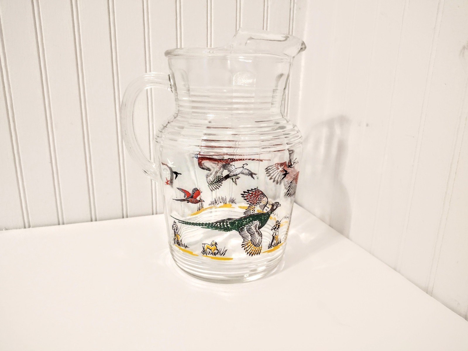 Vintage Pheasants and Hunter Hazel Atlas Pitcher 64 ounce with Ice Lip (BC)