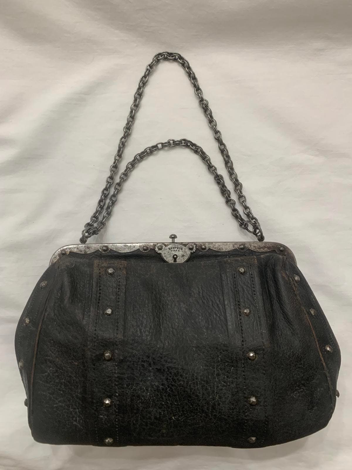 Antique Victorian era BREVETE Black handmade Messenger Bag/leather purse locks