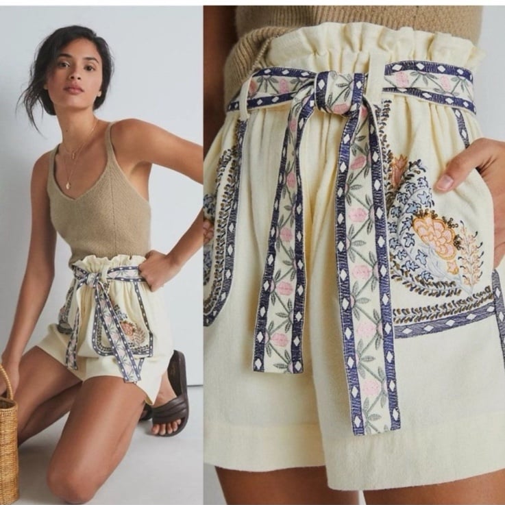 Anthropologie Annaleigh Cream Ivory Embroidered boho Shorts