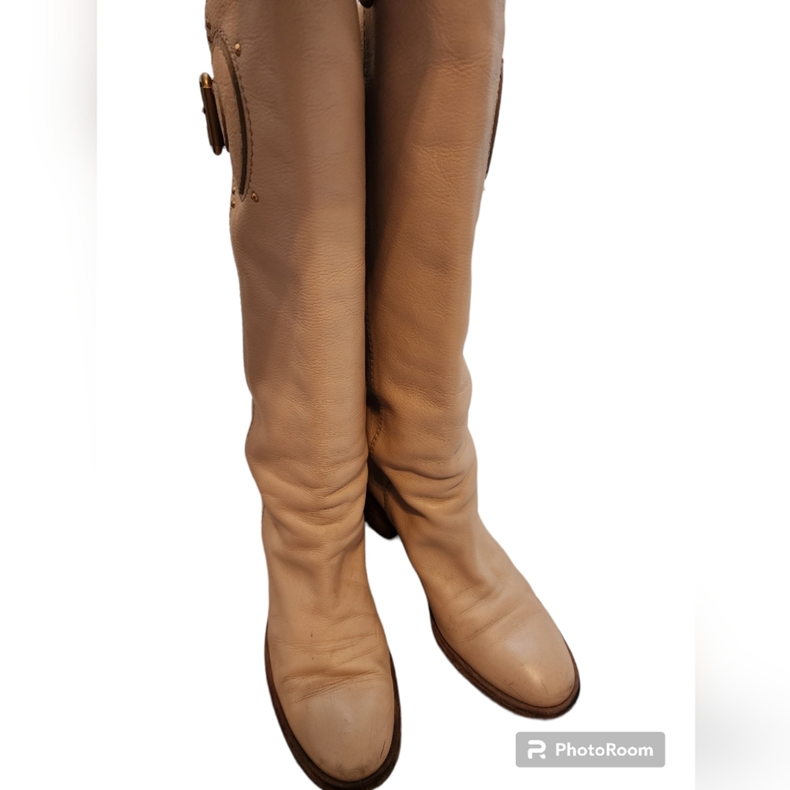 CHLOE BLOCK HEAL BEIGE BUCKLE BOOT SIZE 40 (10)9.5