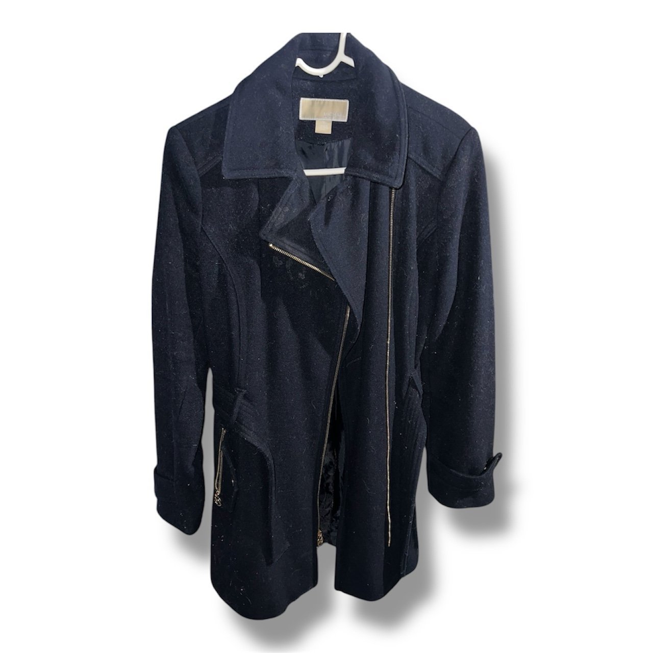Wool Coat Michael Kors Womens Navy Collared Zipper Coat with Belt