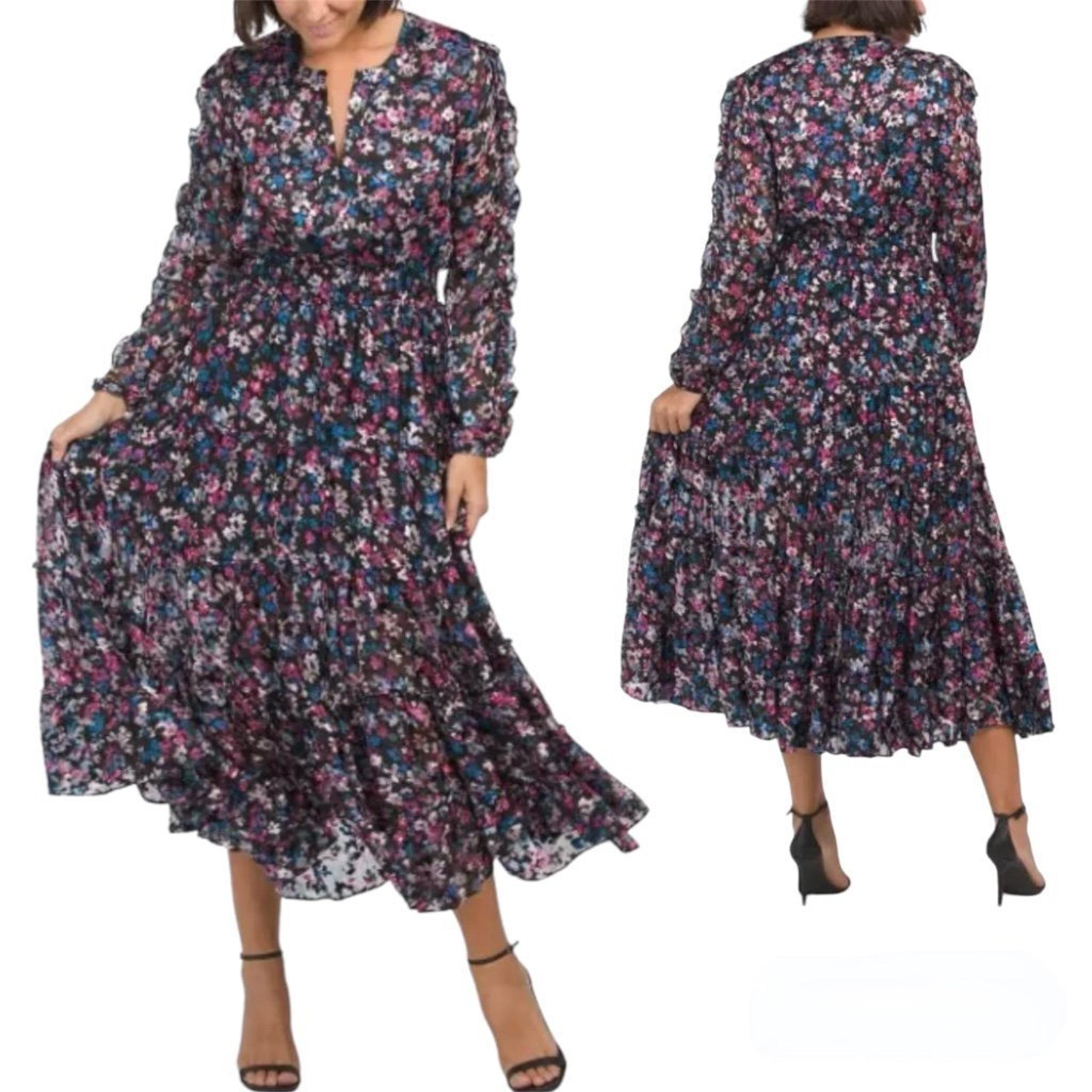 NWT ELIE TAHARI Rayon Silk Blend Multi Floral Print Ruffle Tiered Maxi Dress S