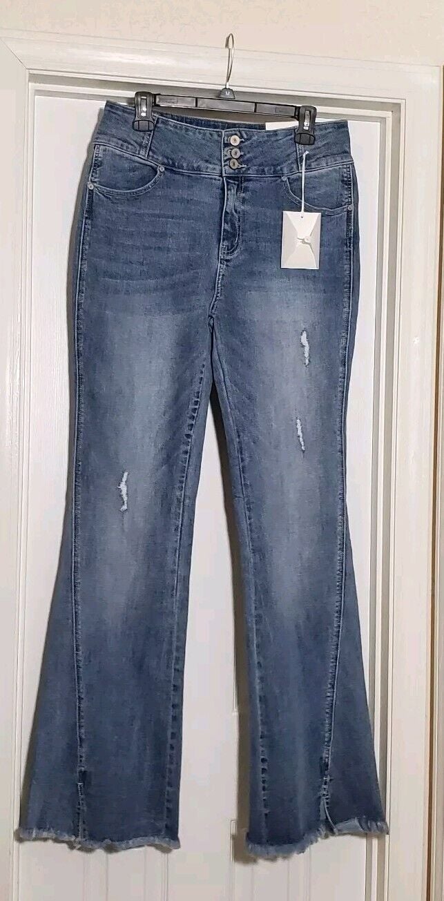 Kancan Miranda High Rise Split Frayed Hem Flare Jeans Size 10/30 Inseam 35