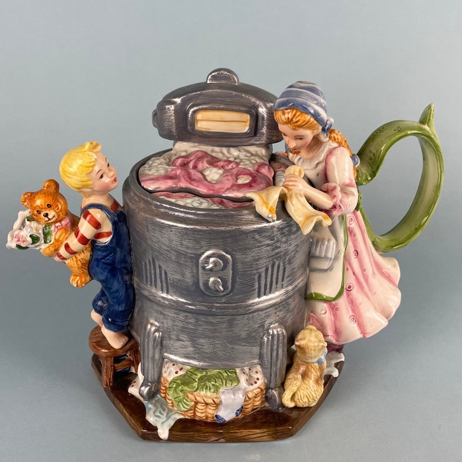 Vintage Wash Day Woman And Boy Teapot Wringer Washer