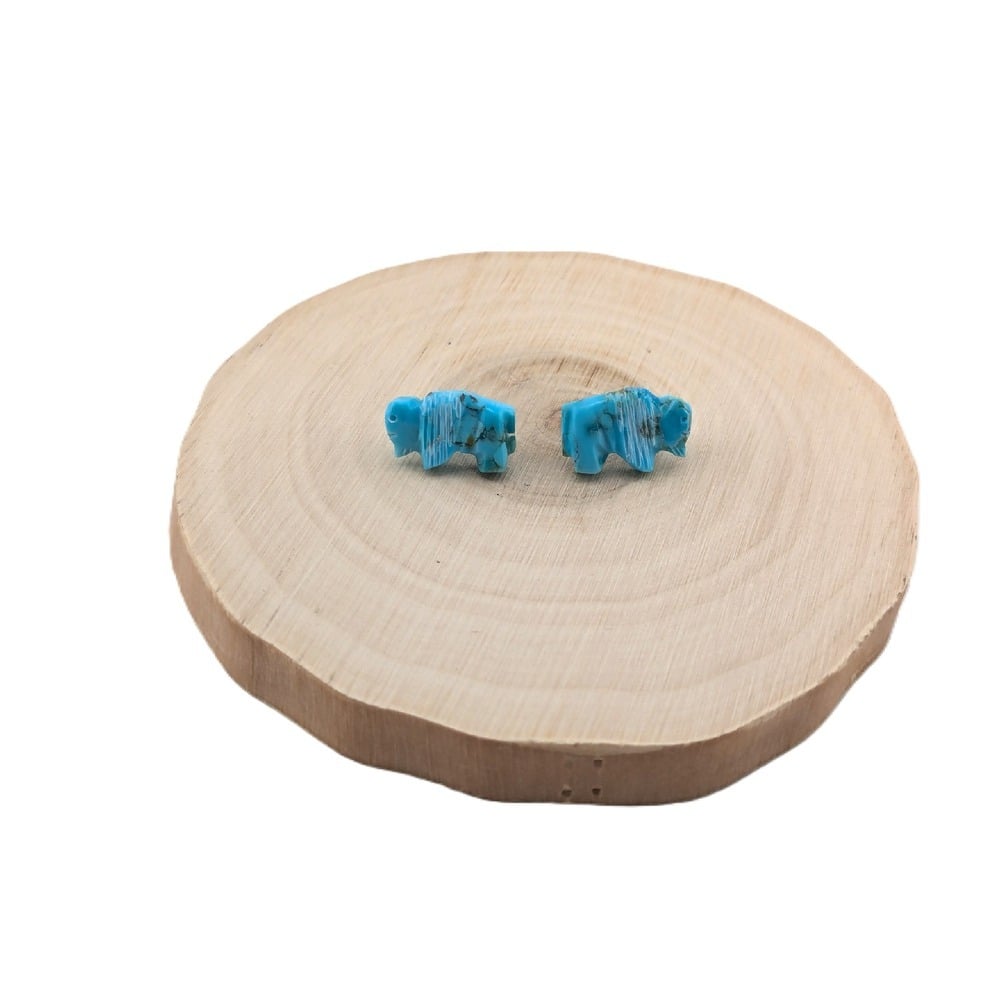 Handcrafted Native American Carved Buffalo Stud Earrings stabilized Turquoise **