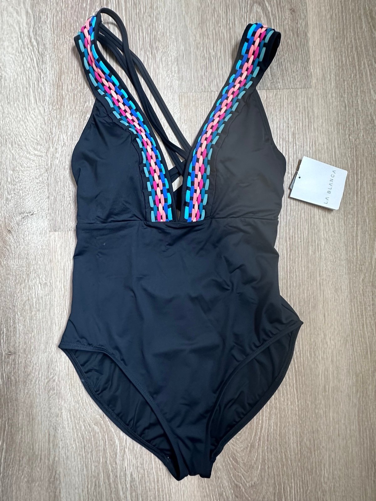 La Blanca|1 Piece Plunge Top Swimsuit|Black Macrame w/Colorful Details|NWT SZ 12