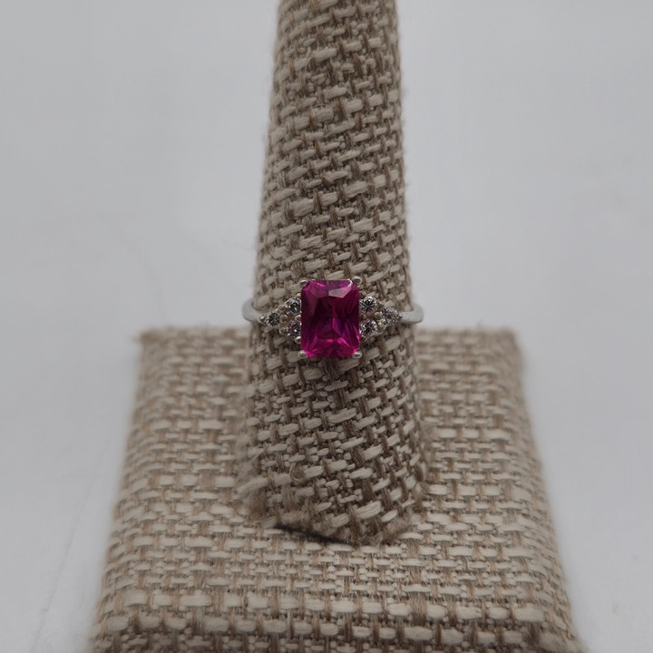 Size 9 Sterling Silver Pink Sapphire And CZ Accents Ring A3859