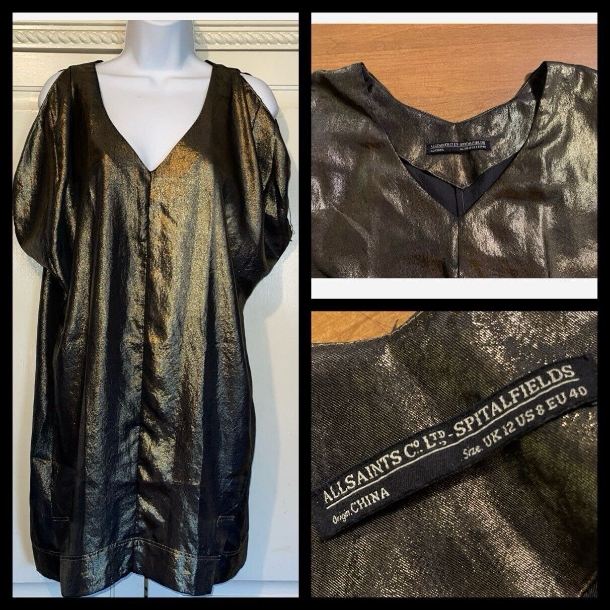 Allsaints Dress 8 Gold Metallic Camille Shinco Cold Shoulder Wedding Dressy