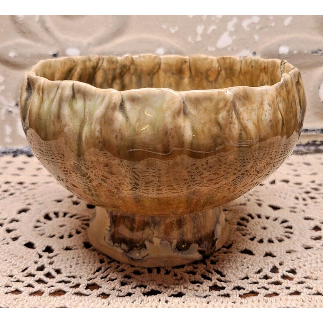 Art Pottery Pinched Footed Trinket Candy Dish Glossy Wood Look Drip Glaze