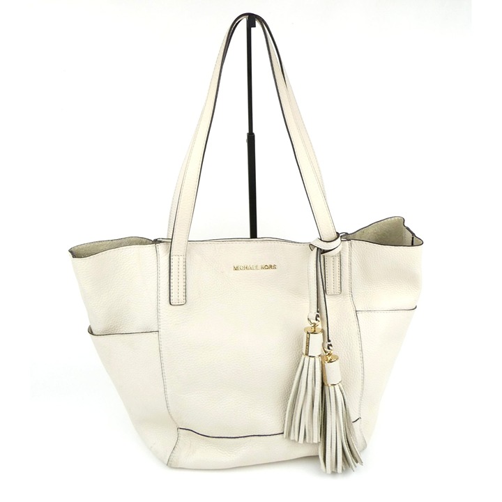 Michael Kors Cream Leather Tote Bag With Tassel Details & Gold Accents