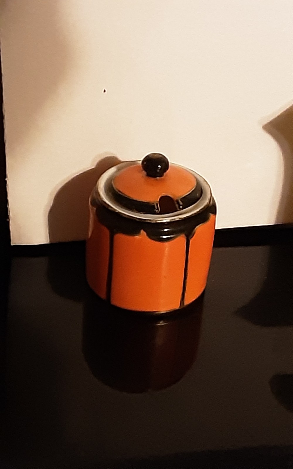 Small Halloween orange & black mustard pot Czech or German or Japanese porcelain
