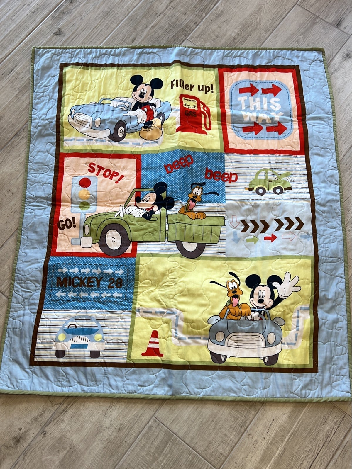 Vintage Blue Colors Mickey Mouse and Pluto truck baby blanket 36 x 48