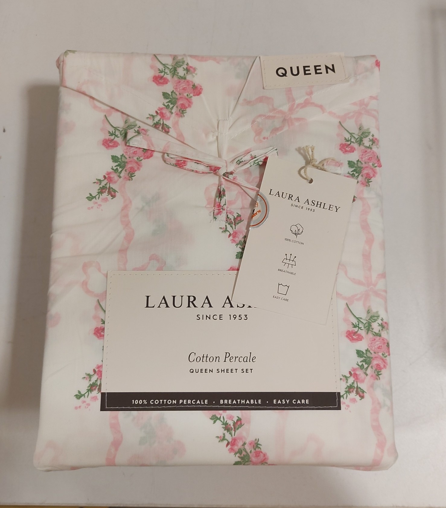 LAURA ASHLEY Pink Bow Roses Floral Sheet Set QUEEN (A)