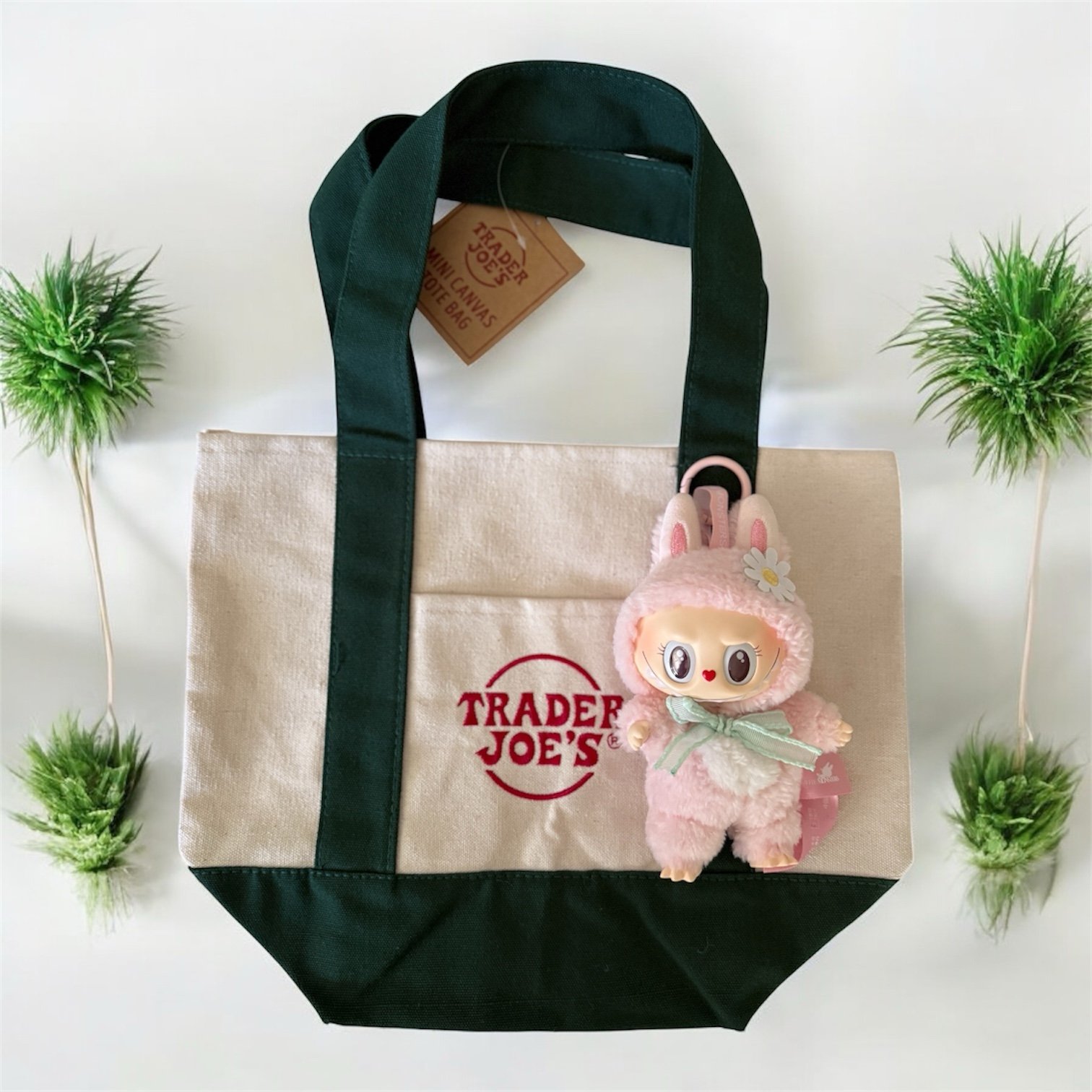 DARK GREEN Trader Joe’s Mini Tote Canvas Bag with FREE Plush Doll