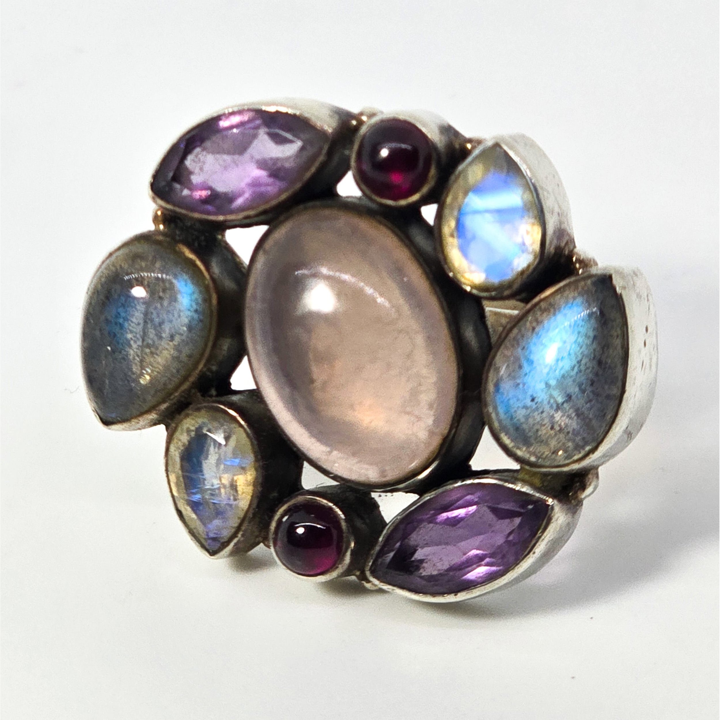 Large gemstone quartz, labradorite, moonstone, amethyst sterling silver ring si