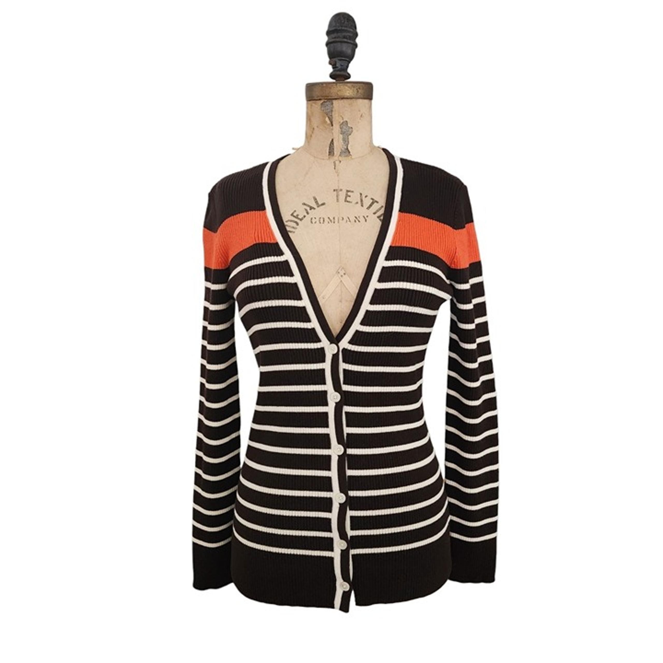 Lauren Ralph Lauren Striped V Neck Cardigan Sweater Brown White Orange S NWT