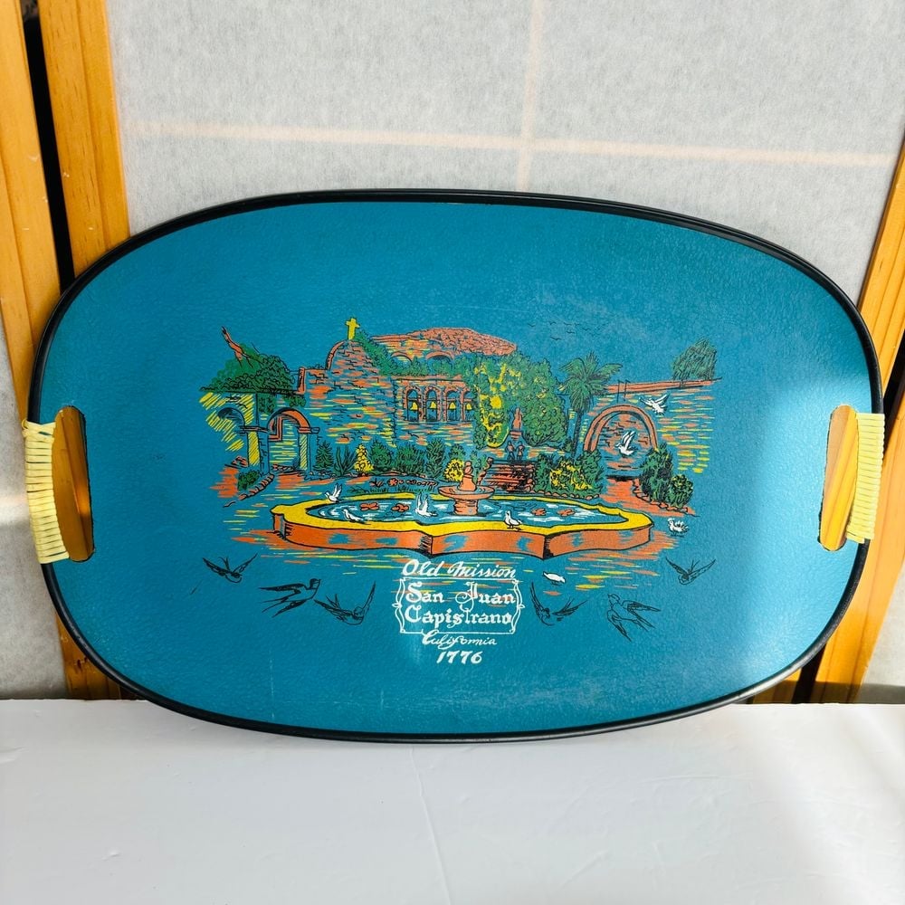 Vintage MCM San Juan Capistrano Tilso Serving Tray Wrapped Handles 1960's Decor