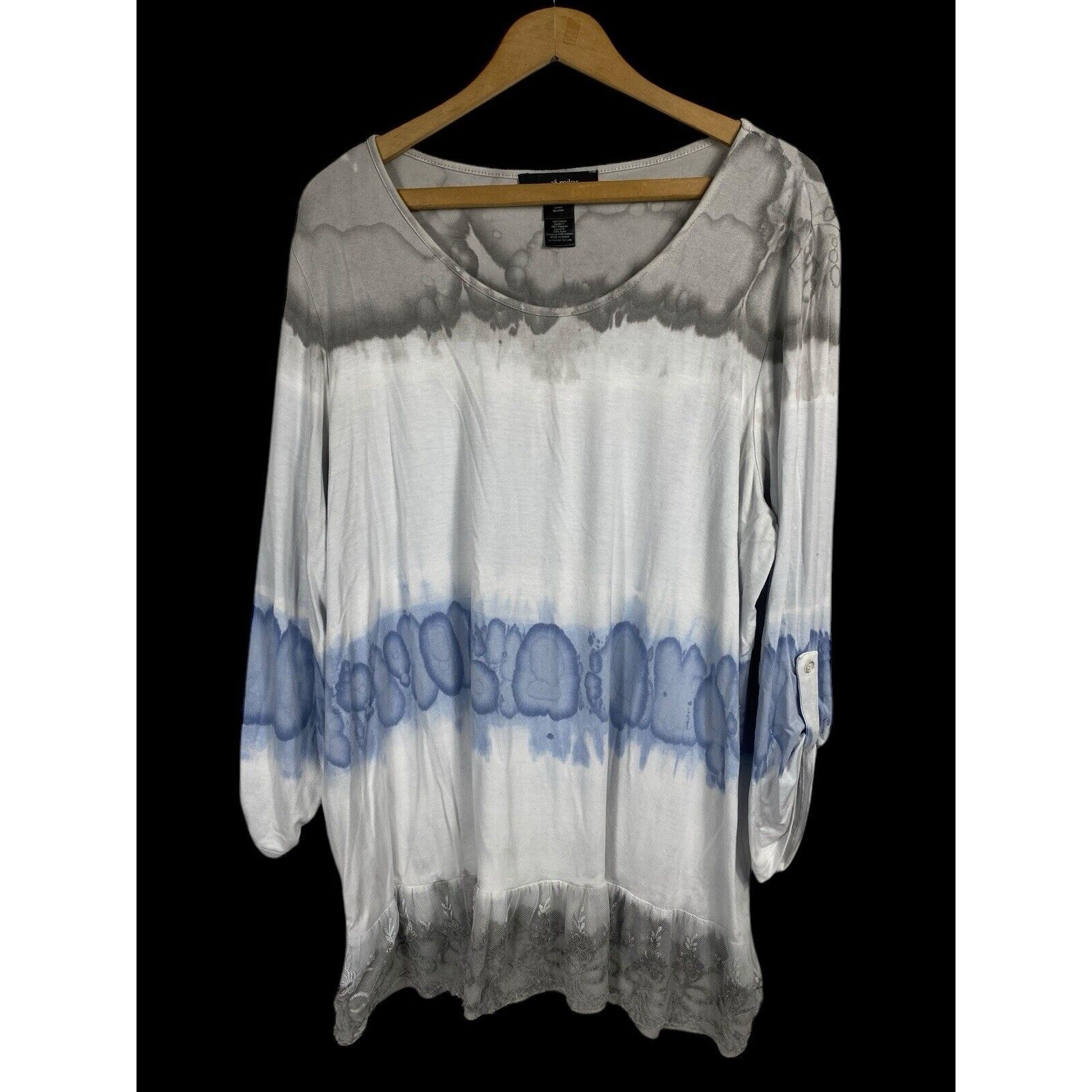 Ali Miles Top Size 1X Knit Tunic Shirt Tie Dye Stretch Knit Lace Hem Boho Grunge