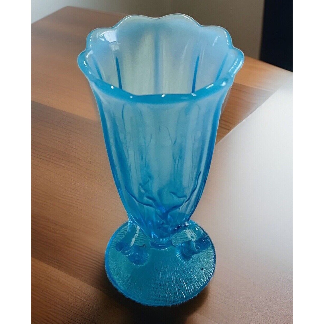 RARE! Antique 1890s Dugan Blue Opalescent Twig Art Glass Vase Ladies Cuspidor