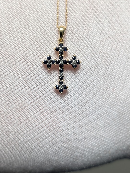 10k Yellow Gold Sapphire and Diamond Cross Pendant