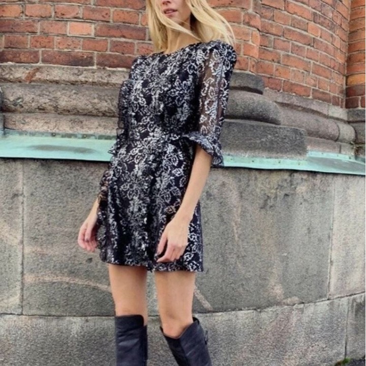 NWT The Vampires Wife X H&M Mystique Black & Silver Floral Ruffle Mini Dress Siz