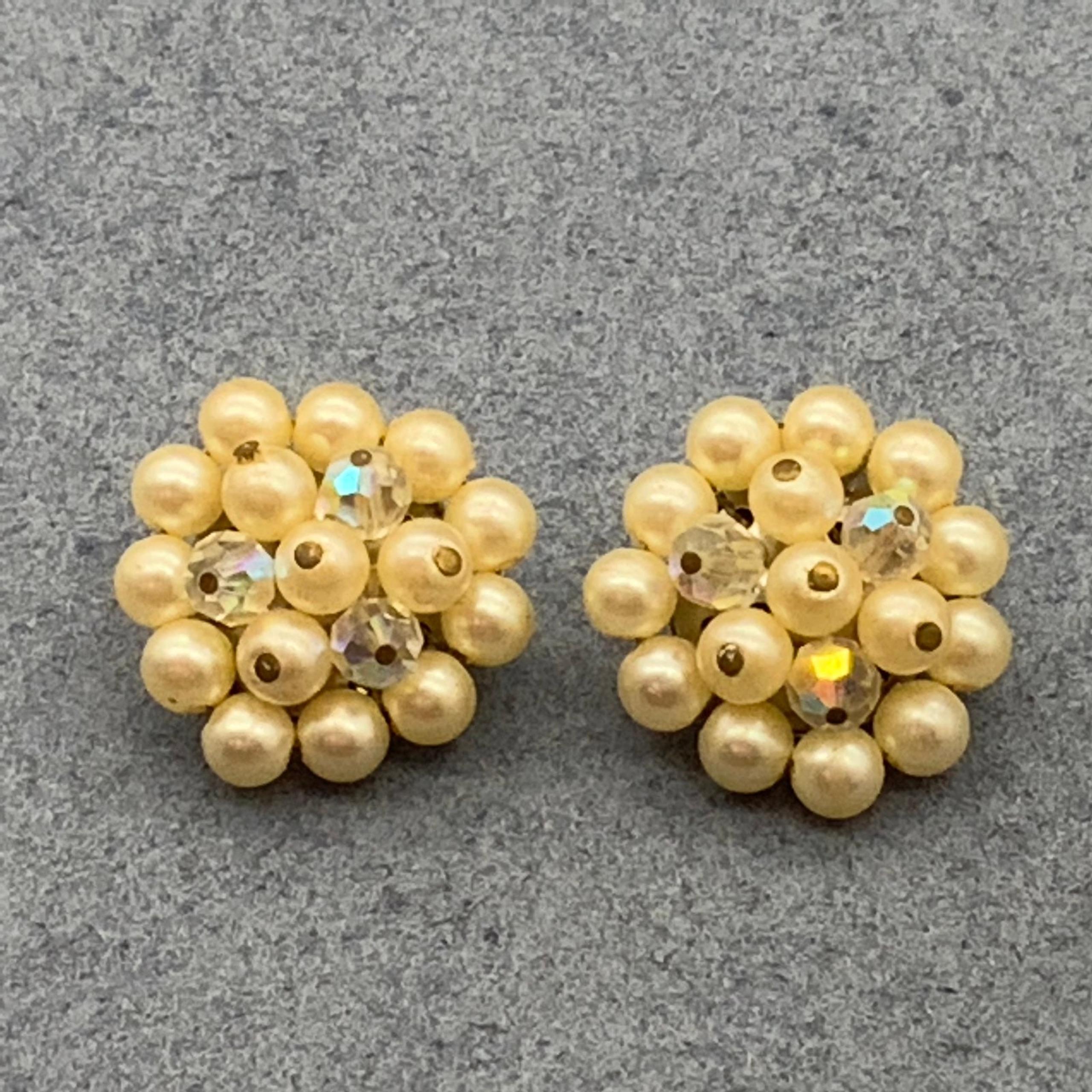 Vintage Clip On Earrings As Is Pearl Iridescent Cluster Faceted