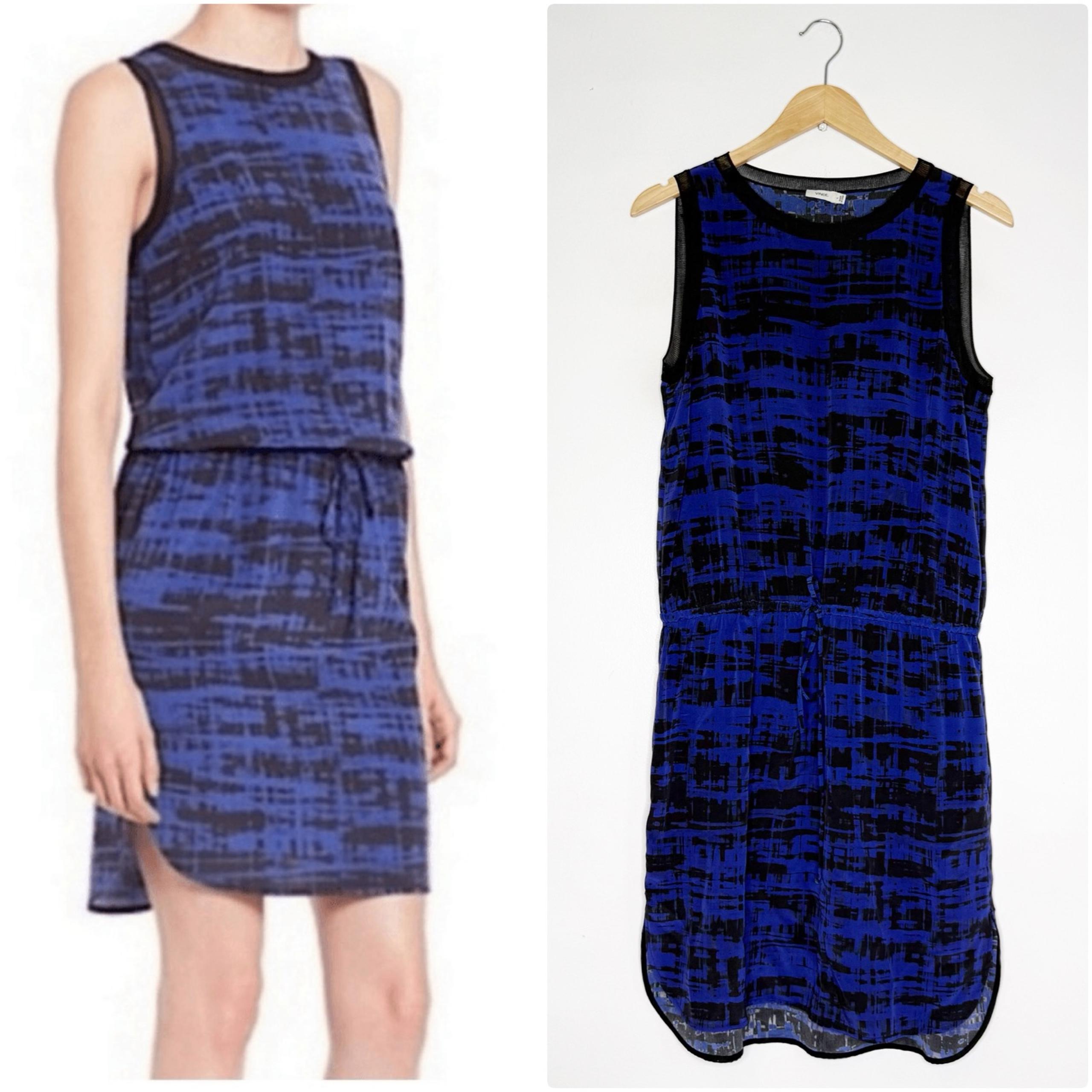 Vince Blue & Black Silk Tie Waist Dress Size Large