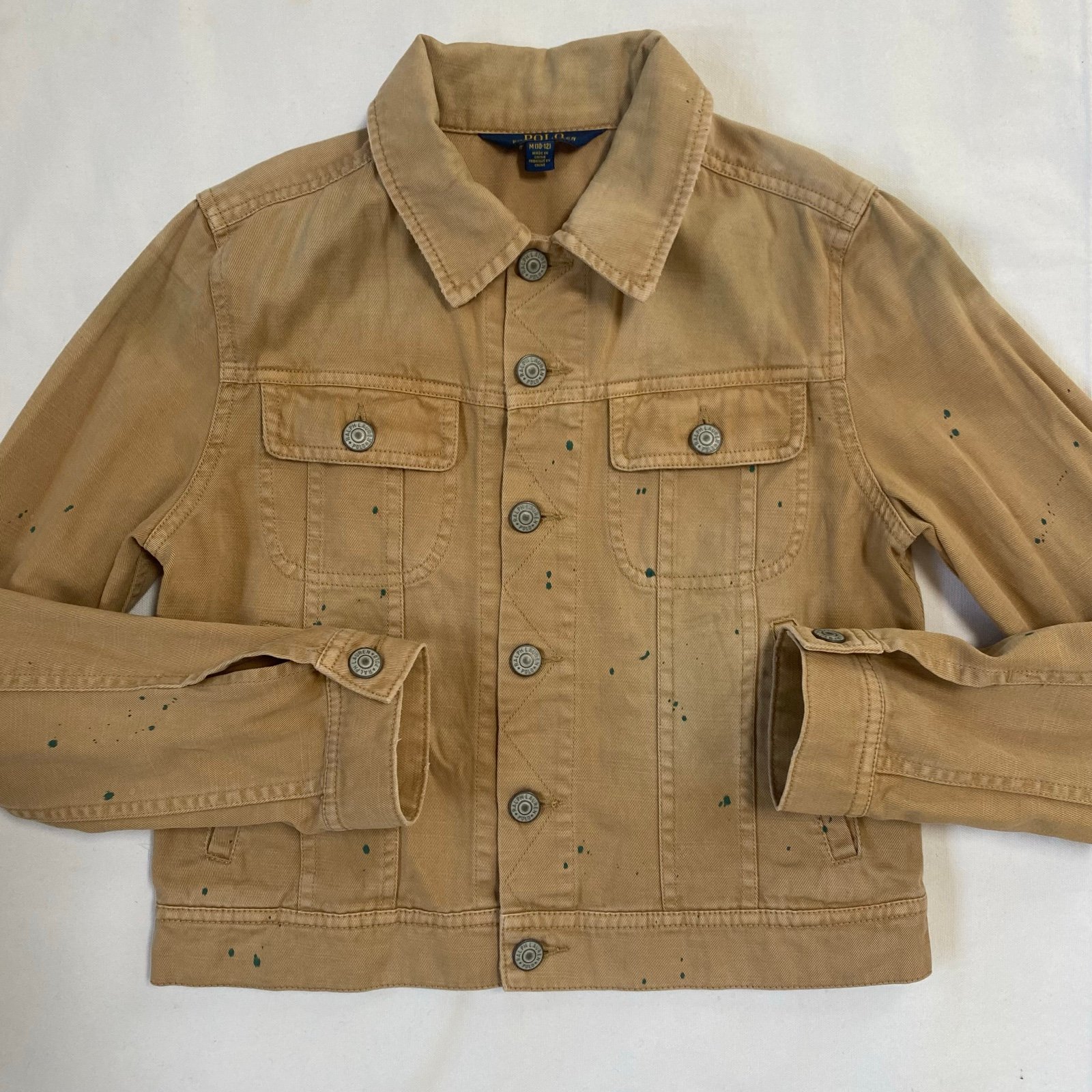 Polo Ralph Lauren Soft Denim Jacket Splattered Paint Size 10-12 Beige