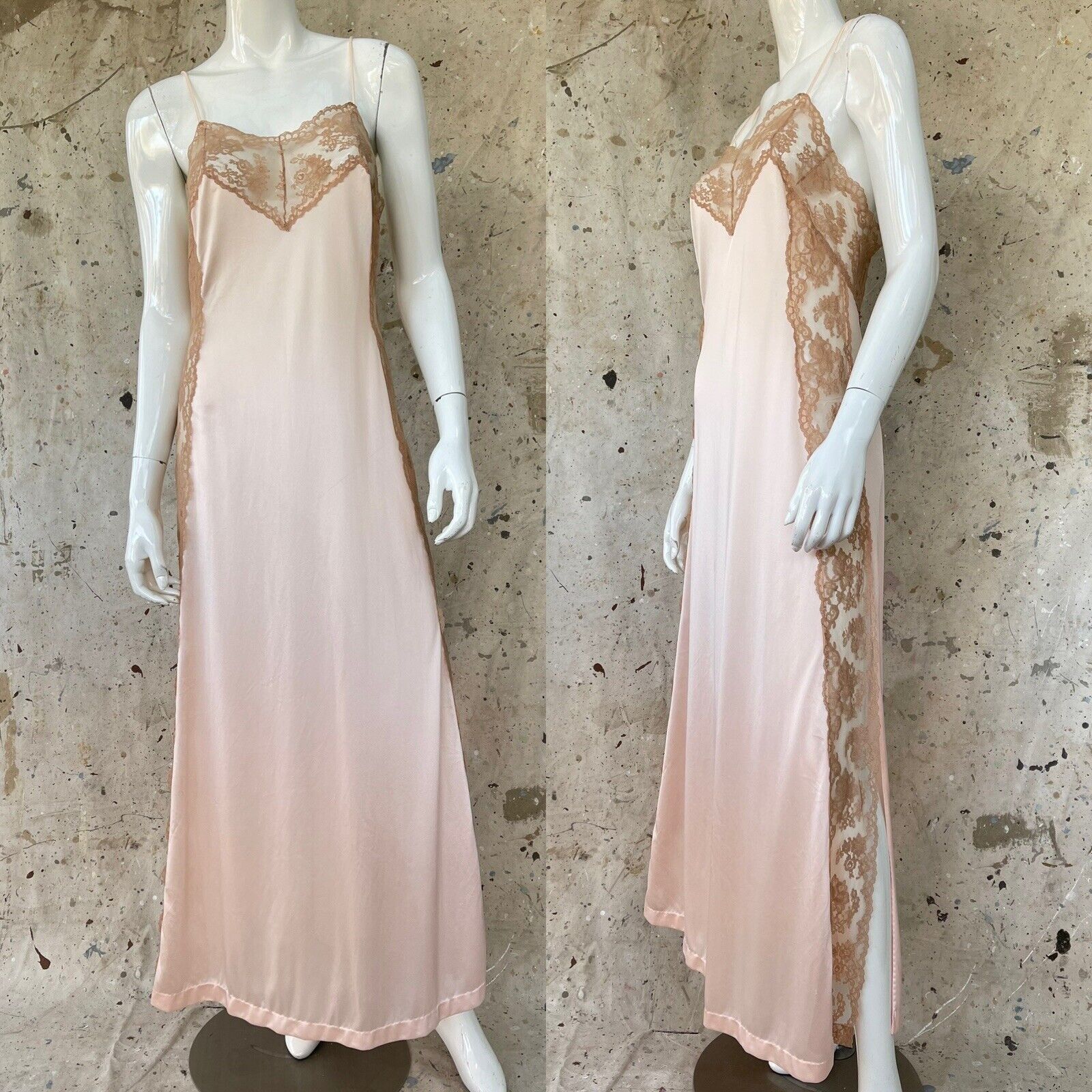 Vintage 70’s Pink Maxi Nightgown W/ Sheer Lace Trim And Sides S/M