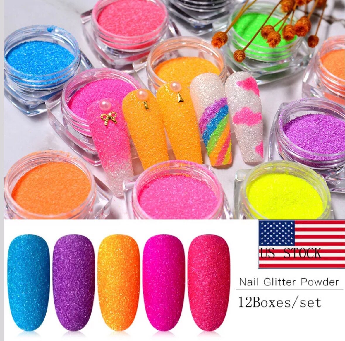 12 colors sugar nail art glitter powder