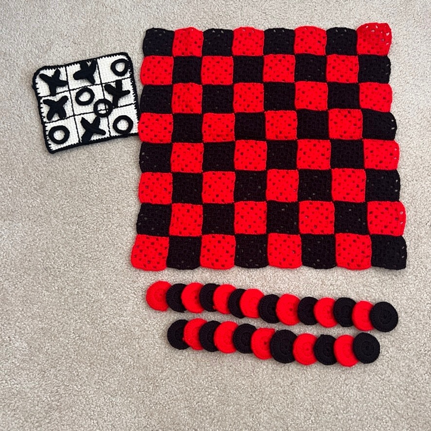 Vintage Handmade Crochet Checkers and Tic Tac Toe Game Set - 2 in 1 Fun